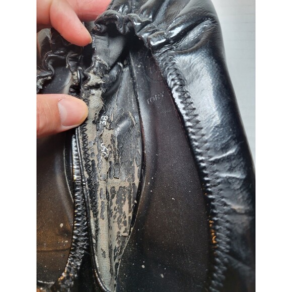 Tory Burch Leather Ballet Flats Women’s Size 7.5 Silver Medallion Black Slip Ons - Picture 5 of 9